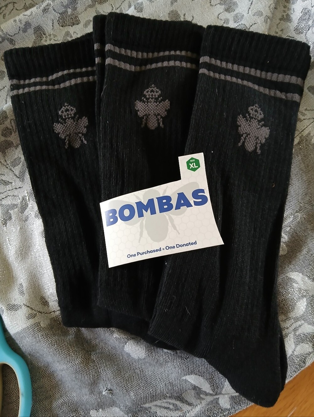 Bombas Black Size XL Crew Socks with Gray Logo and Stripes